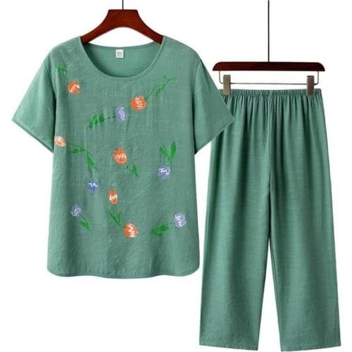 2021 Cotton Linen Summer Plus Size Loose Casual Two-piece Printed T-shirt + Pants Suits Green 2 Piece Sets Womens Outfits Y173