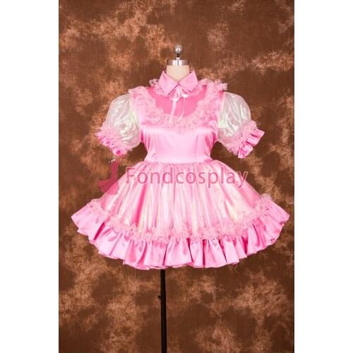 Sexy Lockable Pink Satin Colourful Lace Sissy Maid Short Dress Cosplay Uniform[S017]