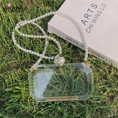 2021 Fashion Clear Acrylic Box Clutch Purse Women Transparent Handbag Plastic Barrel Shaped Bag Girl Party Bag with Pearl Chain