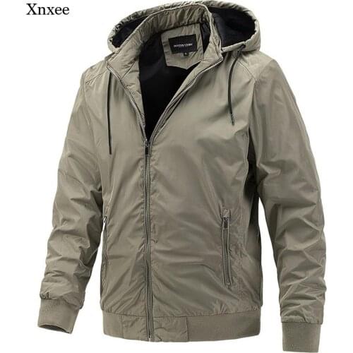 2021 Mens Windbreaker Jacket Spring and Autumn Mens Outdoor Military Uniform Solid Color Hooded Sweater Jacket Mens Polyester