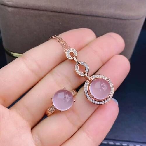 New Arrival Natural Real Rose Quartz Jewelry set Natural And Real Rose Quartz Set 925 sterling silver 1pc ring,1pc Pendant