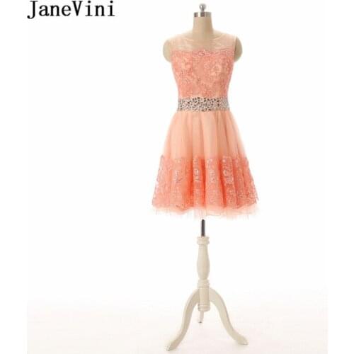 JaneVini Charming Short Bridesmaid Dresses Lace Appliques Crystal Sequined A Line Sheer Neck Tulle Prom Gowns Vestidos Madrinhas