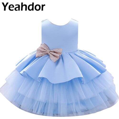 Toddler Baby Girls Dress Deep V Open Back Sequins Bowknot Layered Tiered Tutu Princess Dress for Wedding Party Flower Girl Dress