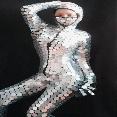 P18 Party dance stage wears silver mirror costumes singer perform mirror bodysuit bar silver outfits ds mirror clothes women ktv
