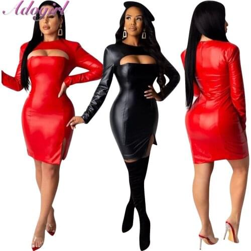 Casual Autumn PU Leather High Elastic Long Sleeve Bodycon Dress Women Sexy Hollow Out High Slit Evening Party Club Mini Dresses