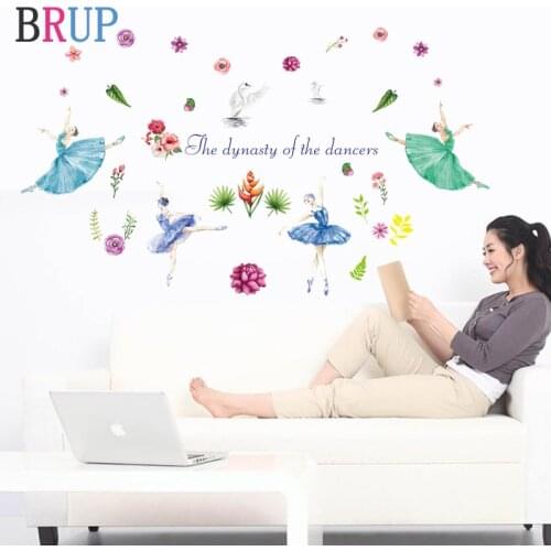 Cartoon Ballet Girls Wall Sticker Dance Home Decor for Kids Room Beautiful Flowers Wall Decals PVC Vinyl Wallpapers Removable