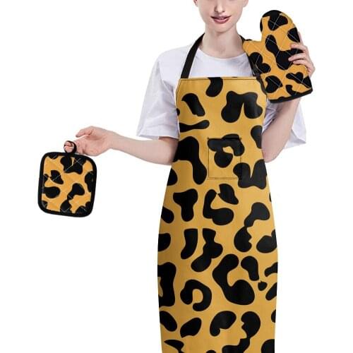 Heat Insulation Gloves Mat and Apron Set Leopard Prints Oven Grill Mitts Mats Home Cooking Tools Waterproof Non-slip Mitts Adult