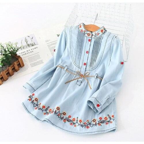 2021 Spring Autumn 3-12 Ages Kids Embroidery Flower Long And Short Sleeve Double Use Denim Blue Elegant Dress For Girl With Belt