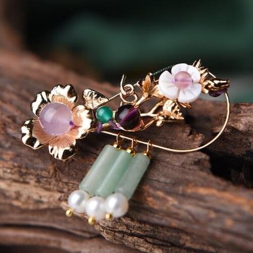 Aventurine tube vintage brooch flowers,shell flowers ethnic brooch purple