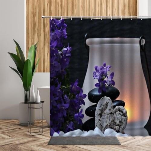 3D Zen Garden Shower Curtain Set Bathroom Decoration Purple Floral Black Stone Bath Curtains With Hook living Room Hanging Cloth