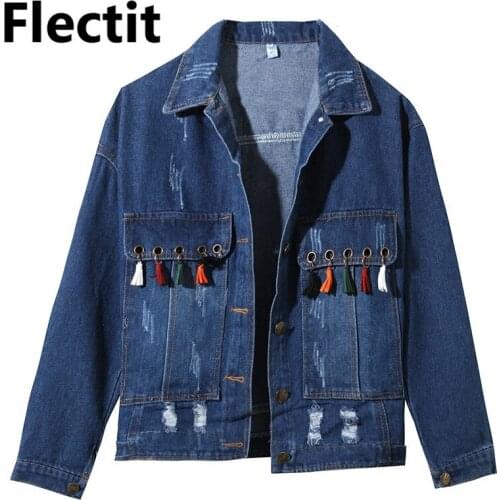 Flectit Autumn Distressed Denim Trucker Jacket Jean Jacket Women Bomber Frayed Single Breasted Tassel Coat Female Streetwear