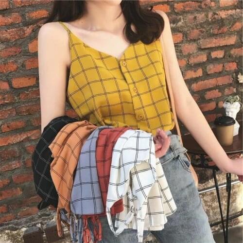 2019 new Fashion Women Plaid Sling Shirt Female Short Sleeve Elastic Blouse Summer Lady Small Tops