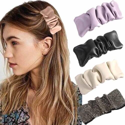 Haimeikang Women Pu Fashion Clip Hair Barrettes For Girls Sweet Solid Color Hair Clips Headdress New Hairpins Hair Accessories