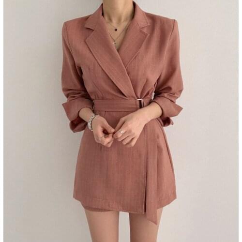 Women Spring Turn Down Collar Long Sleeve Blazer Dress Vintage Office Lady Sashe High Waist Striped Elegant Vestidos