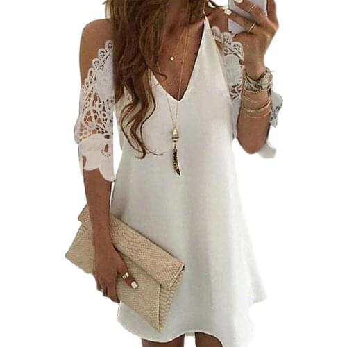 Women Sexy V Neck Pineapple Floral Print Cold Shoulder Lace A Line Beach Dress