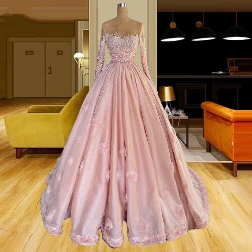 Pink Beading A Line Prom Dresses Sexy Sheer Neck Appliqued Long Sleeve Evening Gowns Party Dress Special Occassion robe de soire