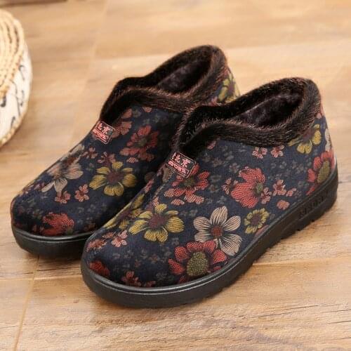 Winter Boots Women Shoes Warm Print Snow Boots Furry Fur Velvet Cotton Cloth Cozy Ankle Boots Non-Slip Booties Elderly