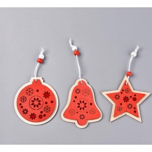 4 Sets Wooden Christmas Tree Ornaments Hanging Decorations Wood Pendants Bell Star Reindeer Snowflake Xmas Decor For Home Party
