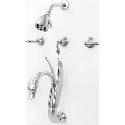 Free shipping chrome finish 5 pc swan bathtub shower faucet with shower head Complete 3 Handle Tub & Deluxe Shower Set