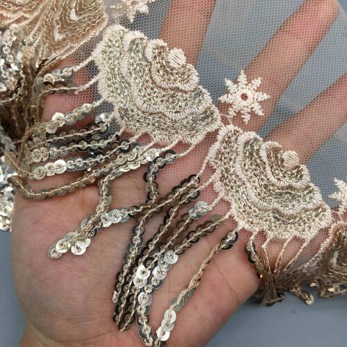 2 yards Champagne Gold Sequined Lace Ribbon Shiny Trims Fabric Embroidered Wedding Dress Headdress DIY Accessories Sewing Craft