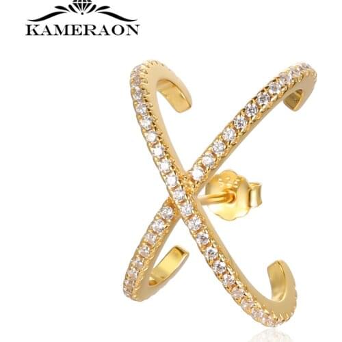 Big X Shape Full Inlaid Zircon 925 Sterling Silver Luxury Fashion Popular Stud Earrings for Women Gold Color Geometric Ear Rings
