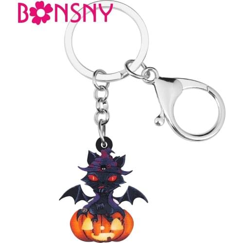 Bonsny Acrylic Halloween Bat Pumpkin Head Keychains Lightweight Long Keyring Jewelry For Women Kids Men Classic Gift Decoration