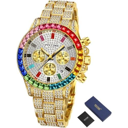 PINTIME Luxury Brand Mens Watches Diamond Chronograph Iced Out Watch Men Gold Stainless Steel Clock Hip Hop Relogio Masculino