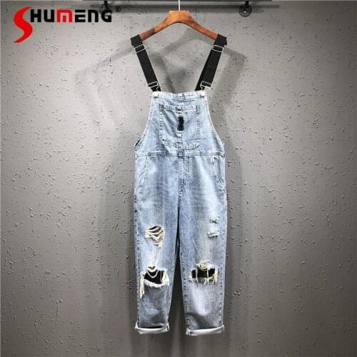 2021 New Autumn Ladies Loose Casual Ripped Denim Suspender Pants Womens Fashion Solid Color Slimming Hole Ankle-length Jumpsuit