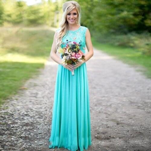 Elegant Cheap Top Part Lace A Line Long Chiffon Turquoise Bridesmaid Dresses Fall Winter Vestidos De Festa Long Party Dress