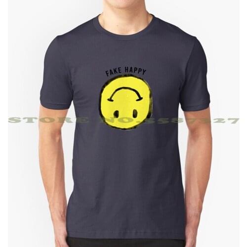 F A K E H A P P Y : ) Cool Design Trendy T-Shirt Tee Smile Yellow Lilac Purple Pale Kawaii Cute Tumblr Aesthetic Happy Fake