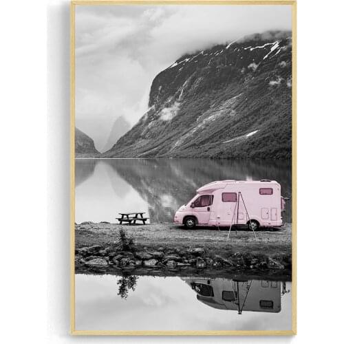 Canvas Pink Car Motor Home Decoration Maison Travel Landscape Nordic Posters and Prints Black and White Wall Art Pictures