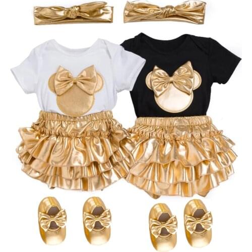 Newborn Romper Bloomers Shorts 4pcs First Birthday Baby Clothing Girls Suit 2021 PP Pants Shoes Headband Toddler Infant Clothes