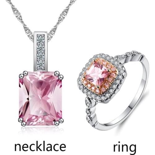 2020 Fashion Women Jewelry Sets Bride Square Pink Crystal Necklace ring Set Wedding Party Jewelry