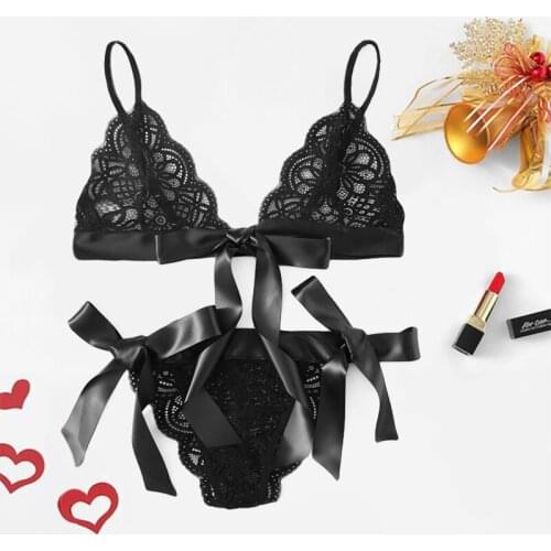 CDJLFH Hot Women Solid Color Sexy Lingerie Sets Ladies Fashion Black Underwear Set Lace Sleeveless V Neck Sexy Bra Set Lenceria