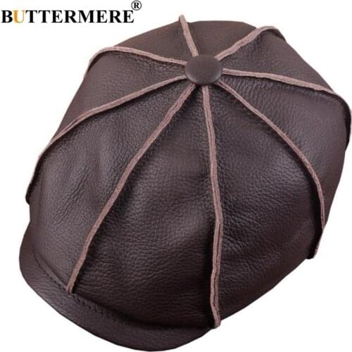 BUTTERMERE Men Newsboy Cap Genuine Leather Winter Octagonal Cap For Men Brown Black Real Leather Retro Male Ivy Flat Hat