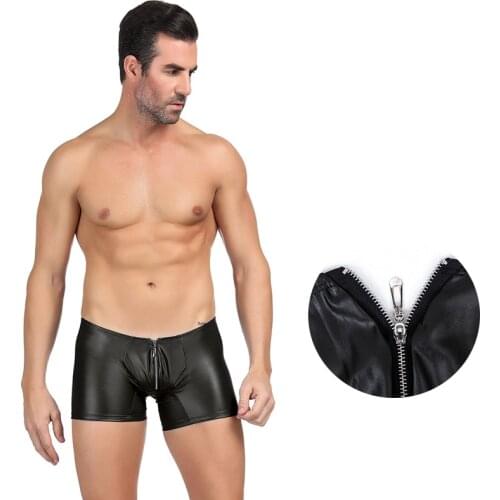 Faux Leather Men Underwear Boxer Ropa Interior Masculina Zipper Solid Sexy Boxer Shorts Calzoncillos Hombre S M L XL MPS069