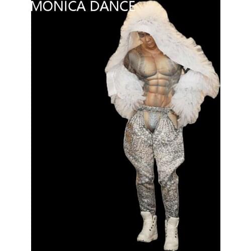 Men Jumpsuit Big Stretch Leggings Sexy Bodysuit with Coat Mens Stage Costume One-piece Skinny Rompers Nightclub Dance Outfit