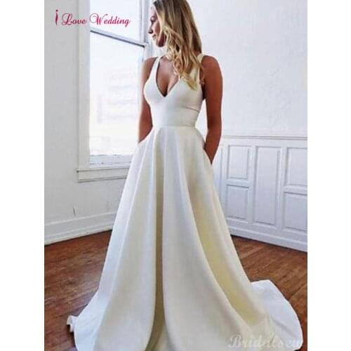 A line Simple Satin Beach Roman Wedding Dresses with Bow 2021 V Neck Open Back Sexy Bridal Formal Party Gowns Vestidos De Noiva