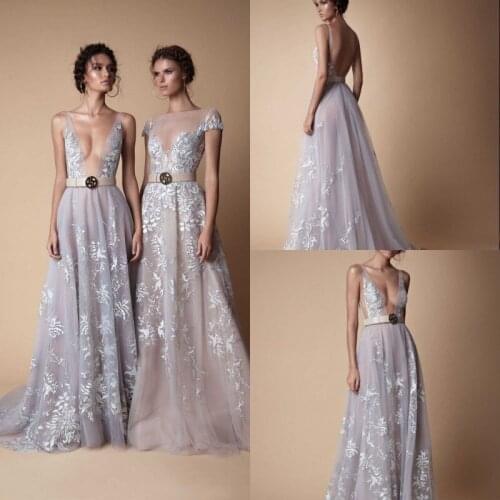 2020 Evening Dresses Sexy Deep V Neck Lace Appliques Special Occasion Gowns Sexy Backless Sweep Train A Line Prom Dress
