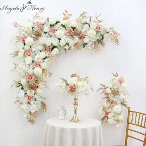 Artificial Flower Arrangement Set Gold Leaf Wedding Arch Backdrop Decor Corner Triangle Flower Runner Wall Flower Row Customized