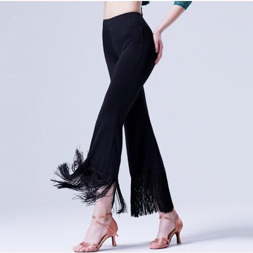 Dance Pants For Women Fringed Mid-Waist Elastic Trousers Muslim Fashion Solid Black Bottoms Slim Fit Latin Dancing Costumes