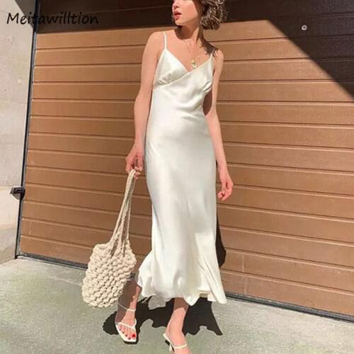 Sexy V-neck Women Dress Summer Sundress Silk Night Party Dress 2020 Vintage Spaghetti Strap Mid-Calf Sheath Party Dresses