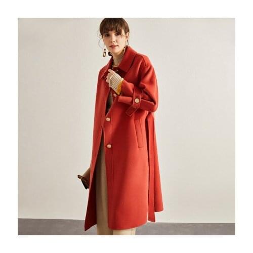 Hepburn double-sided tweed coat womens middle and long style 2021 new loose lace up tweed autumn and winter coat zero cashmere