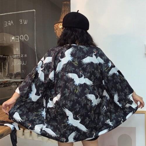 Japanese Fashion Blouse 2019 Women Japanese Yukata Kimono Red-Crowned Crane Kimonos Summer Haori Female Kimono Japones FF2137