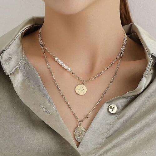 Vintage Temperament Imitation Pearl Round Pendant Necklace for Women Fashion Geometric Clavicle Necklace Party Jewelry Necklace