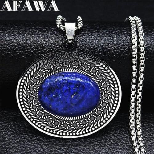 2021 Bohemia Flower Stainless Steel Blue Natural Stone Lapis Lazuli Necklace Women/Men Jewelry Boho collane con pietre N3607S01