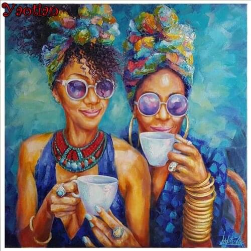 African woman drink coffee diamond mosaic 5 d DIY Diamond Painting Full Square Round Drill embroidery Home Decoration
