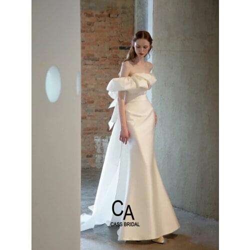 Ivory satin mermaid wedding dress with detachable train off the shoulder uniqued designer fishtail bridal gown ivory ruched 2021
