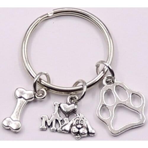 1Pcs I Love My Dog And Bone Carved Words keychain Mini Footprint Pendant Keyring Women Gift Hangle Car Jewelry