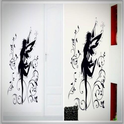 Black Dancing Flowers Elf Wall Art Mural Decor Sticker Kids Room Office Wall Applique Poster Butterfly Fairy Wall Decal